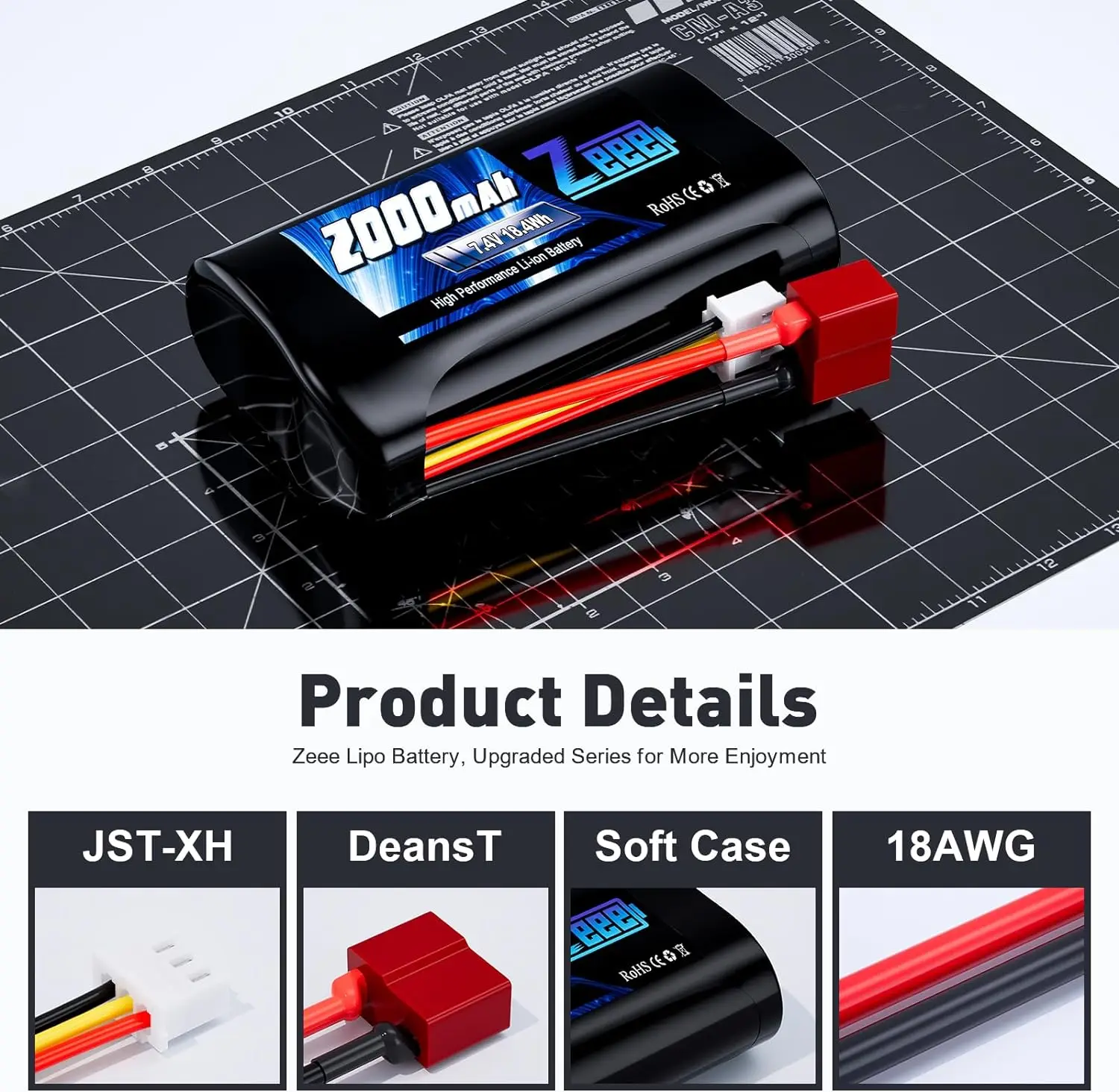 Zeee Li-ion Battery 2S 7.4V 2000mAh T Connector with Charger for RC Cars Buggy Boats 4WD High Speed FPV Racing Hobby Model Parts