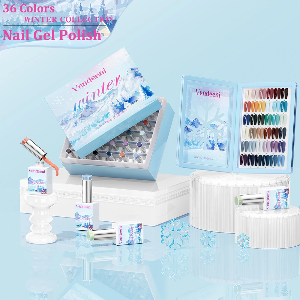 Vendeeni 36 Kolorów/zestaw Niebieski Czarny Jadeitowy Zimowy Wysokiej Pigmentacji Czysty Kolorowy Żelowy Lakier do Paznokci z Kolorowym Kartą TPO/HEMA FREE