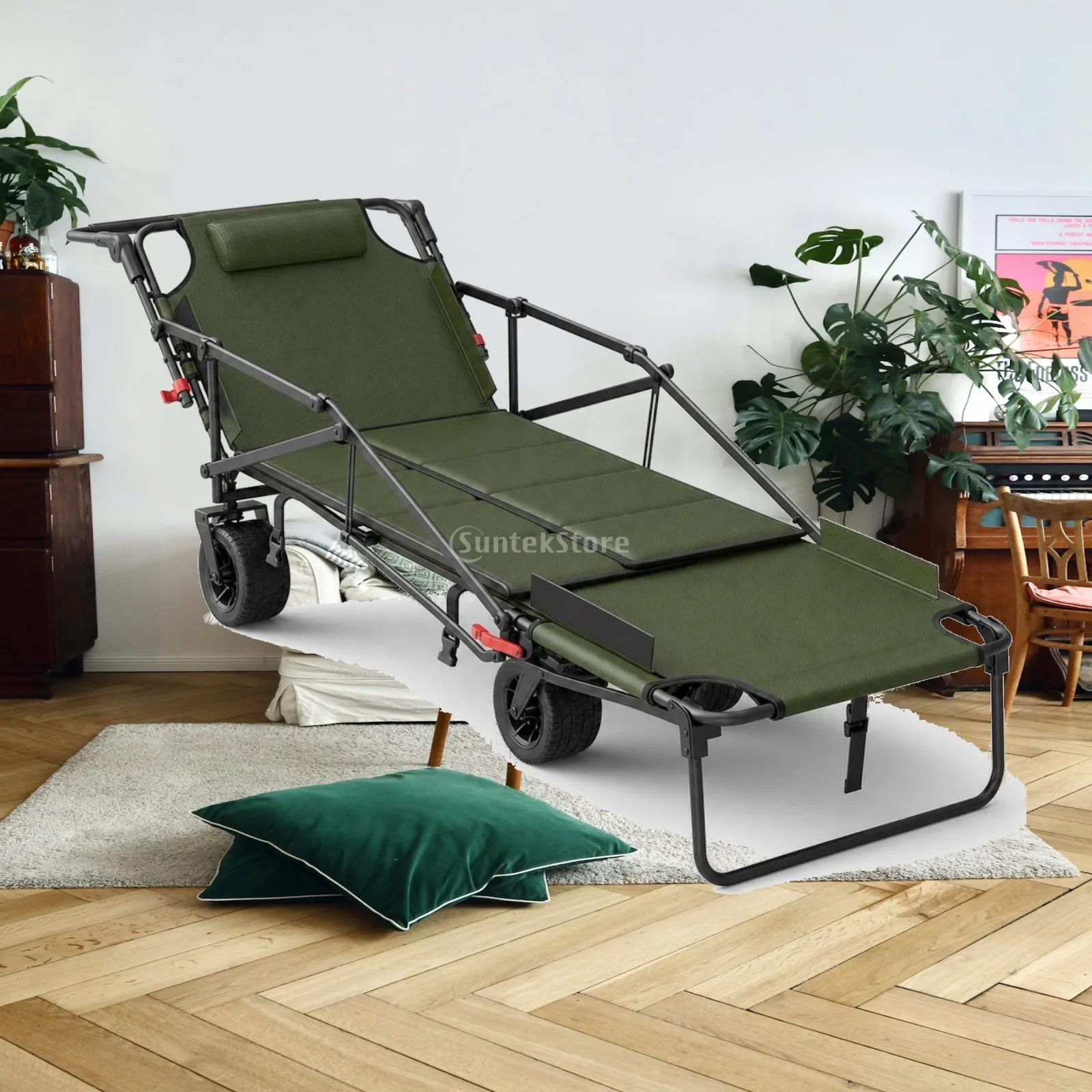 Wagon-Lounger Collapsible Reclining Beach Cart Foldable Chaise Lounge Chair Padded Chaise Lounge Chair Versatile for Beachgoers