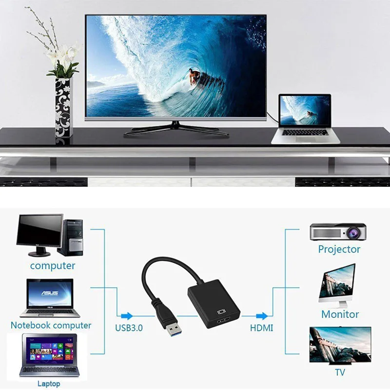 High Speed USB 3.0 Male To HDMI-compatible Female Adapter Metal Shell Video Cable Converter Adapter For HDTV TV PC Laptop