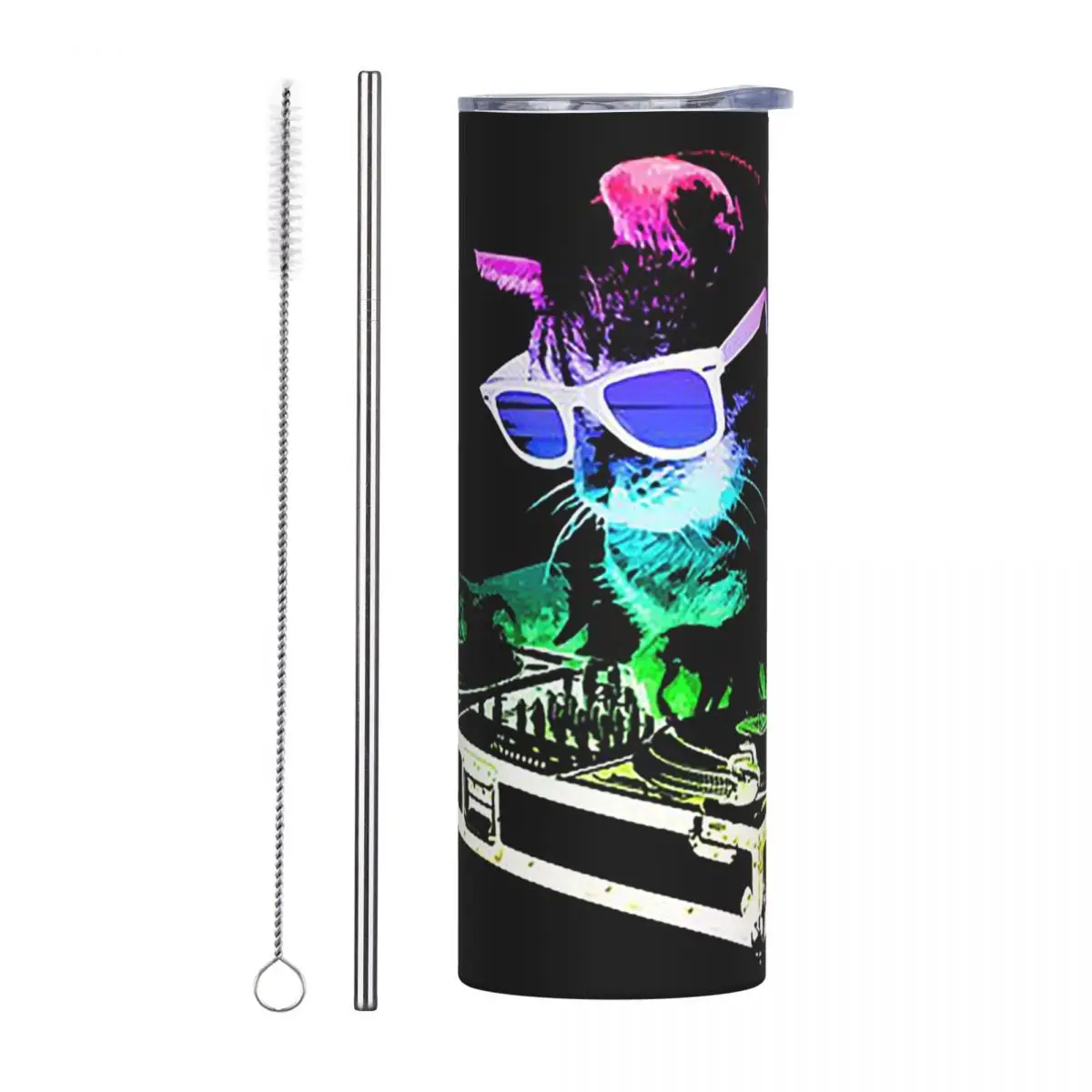 House Cat Rainbow Dj Kitty Stainless Steel Tumbler Vacuum Insulated Mugs Thermal Cold Cups Straws With Lid 20oz