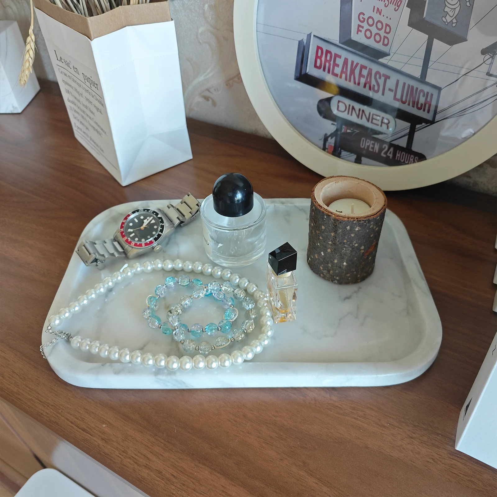 صينية رخامية، صواني من الحجر الطبيعي 100% للزينة، تخزين للحمام والمطبخ والعطور ومستحضرات التجميل والقهوة والمجوهرات طبق مستطيل