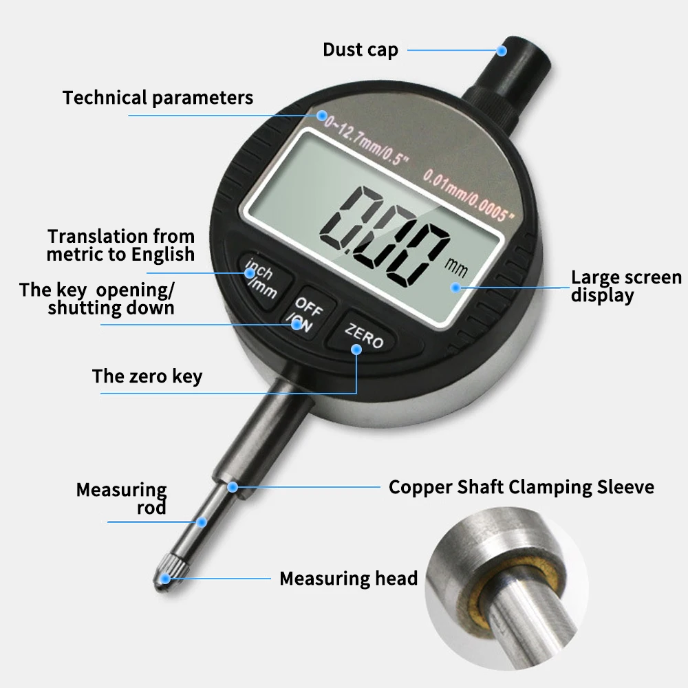 Digital Dial Indicator 0-12.7mm/0.5'' 0.01mm with Mini Magnetic Base Holder Adjustable Universal Gauge Caliper Measuring Tools