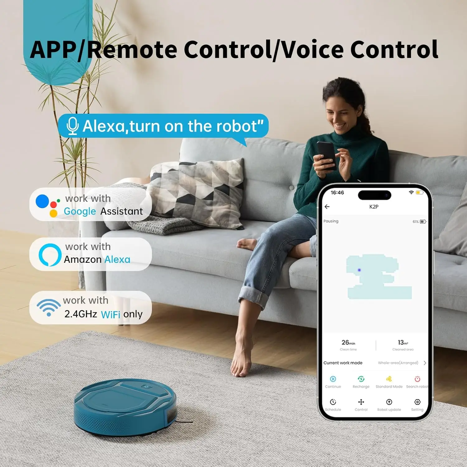 Robot aspirapolvere, WiFi/App/Alexa, ricarica automatica, robot aspirapolvere con mappatura in tempo reale dei percorsi, funzionamento silenzioso