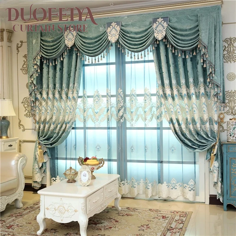 

European Luxury Curtains for Living Room Balcony Classic Blue Curtains for Bedroom Kitchen Laser Embroidered Window Romantic
