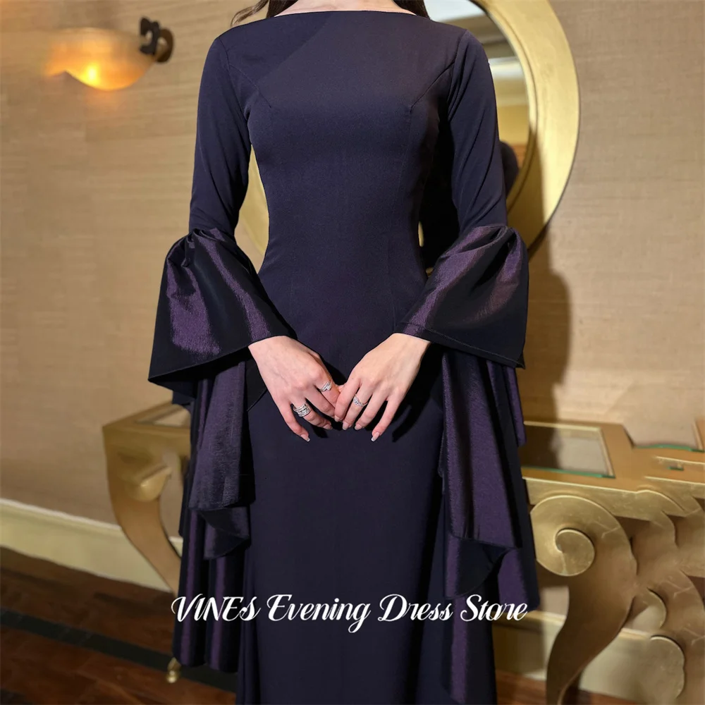 

VINES Dark Blue Prom Dress O Neck Celebrity Dress with Flared Bell Sleeves Evening Dresses Zipper Back Formal Gown Customized