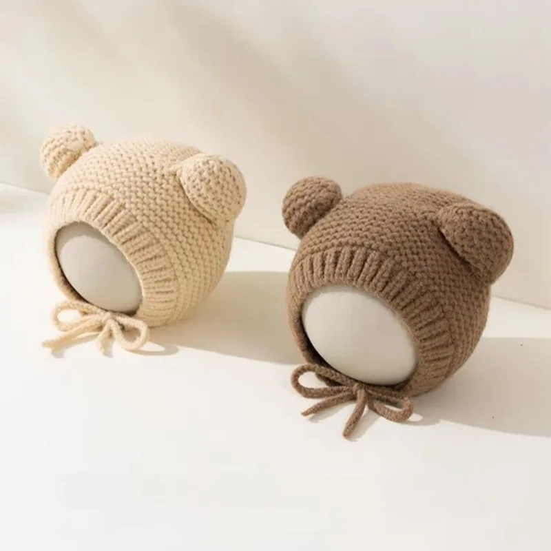 0-2Y Baby Hats Korean Children's Bear Ear Knitted Ear Protect Hat Autumn and Winter New Babies Boys Girls Soft and Warm Hats