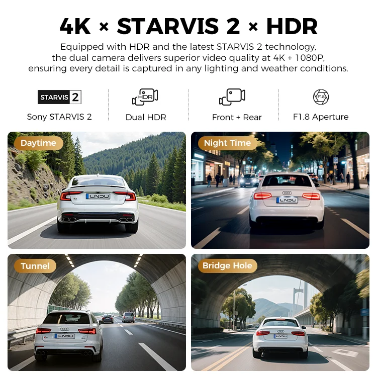 4K Dual Channel HDR Recording 4G Super Capacitor Front and Rear Dash Cam 24H Parking Mode Car Dvr