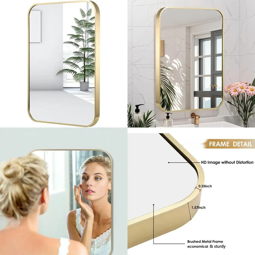 

Прямоугольное косметическое зеркало в золотой рамке, настенное зеркало для ванной комнаты 24x36 дюймов с закругленными углами и матовой золотой отделкой