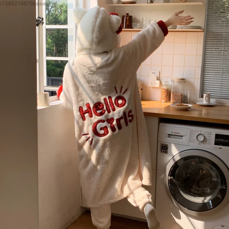 Sanrio Hello Kitty Women Winter Coral Fleece Sleepwear New Thickened Warm Long Sleeve Home Clothes Sweet Y2k Girl Hooded Pajamas