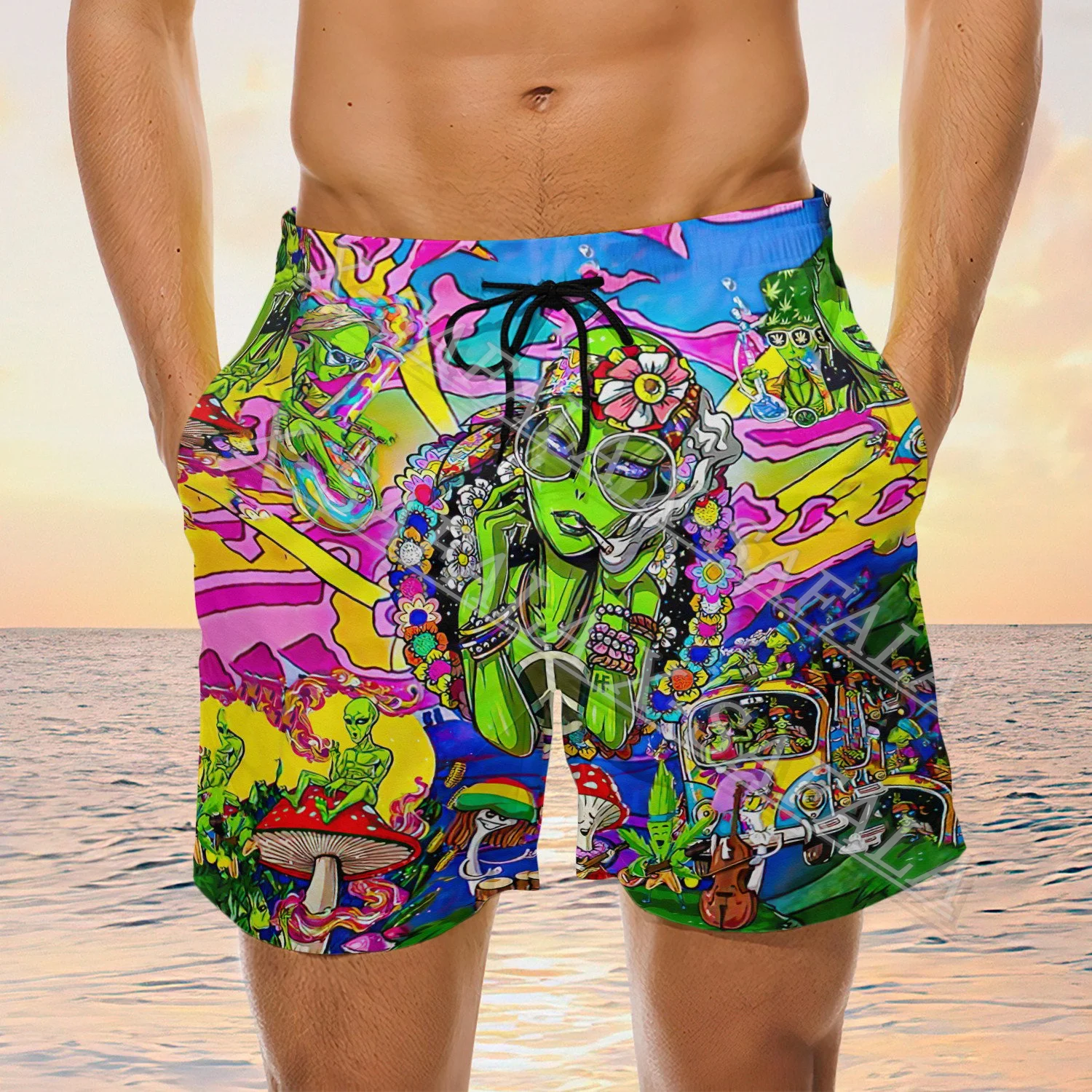 Hippie Skull Peace Life Psychedelic Trippy Swims 3D Print Shorts Summer Beach Holiday Shorts Men's Swimming Sports Half Pants-4