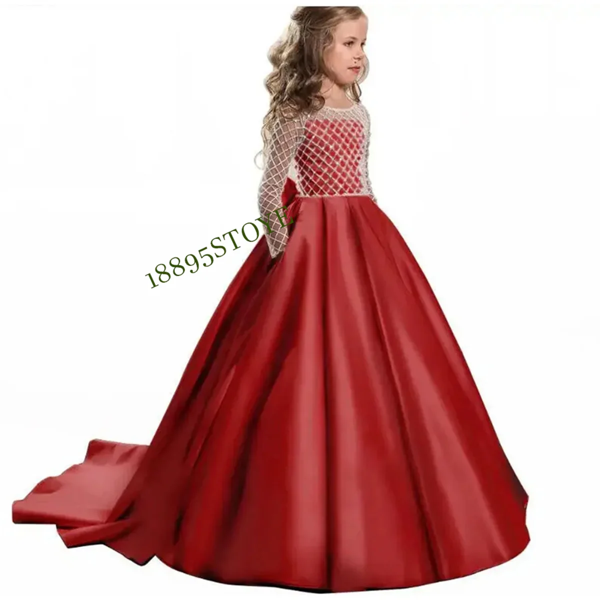 

Luxury Satin Flower Girl Dresses for Wedding Long Sleeve Bow Puffy Princess Dress Birthday Party Holy Communion Gown with Train