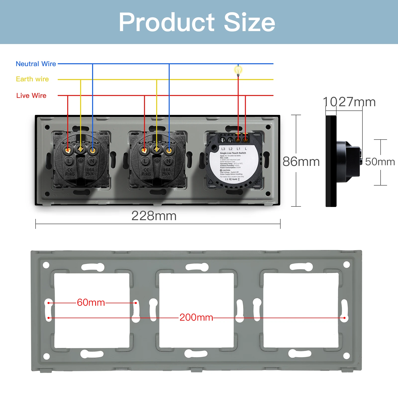 BSEED Wall Light Switches Normal Sockets Series USB C Phone Charge Touch Switches Black Glass Vertically EU Standard Switches