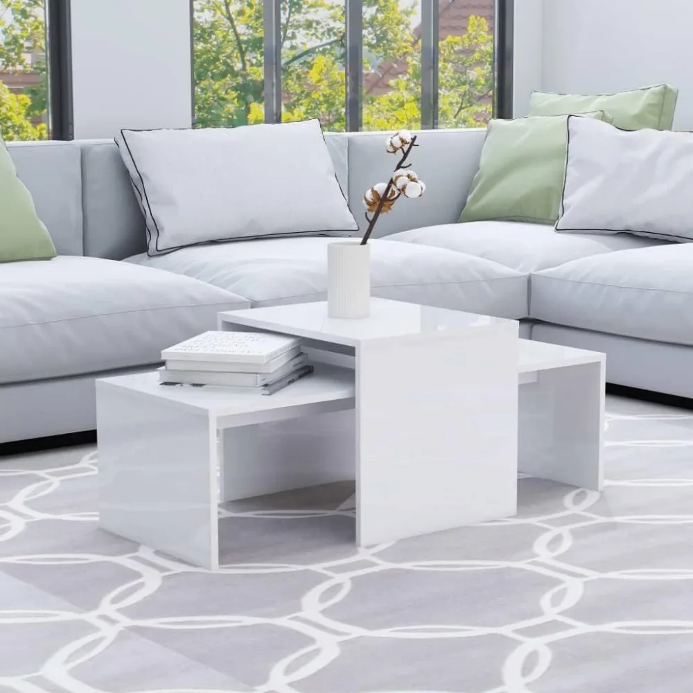 Set Meja Kopi Modern High Gloss Putih untuk Ruang Tamu dengan Meja Samping Sofa yang Dapat Disusun