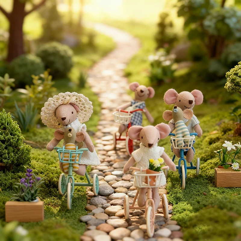 Miniature Tricycle - 15cm Tall Mouse Figurine Ideal for Dollhouse Miniature Scenes and Decorations Gift