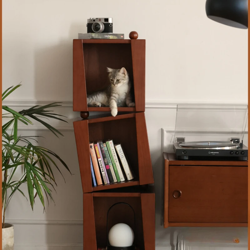 

Low side table solid wood vintage bookcase against the wall combined with floor-to-ceiling bookshelves for home shelves