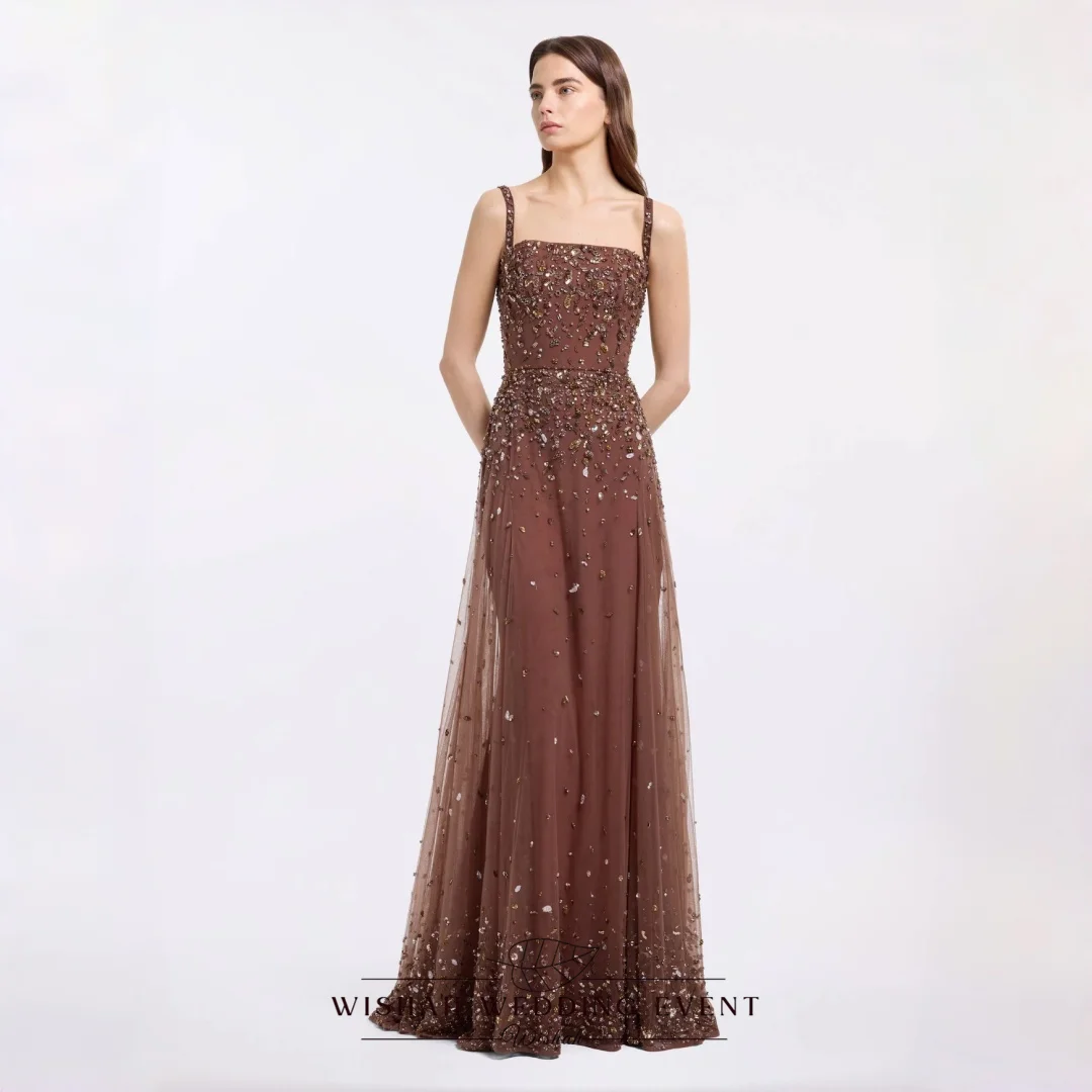Wishah Customized 2026 A Line Elegant Sparkling Dark Brown Beaded Tulle Evening Dress Square Neck Spaghetti Straps Formal Gowns