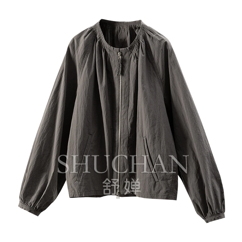

Thin Slightly Wrinkled Texture Round Neck Long Sleeve Casual Jacket Women's 4Y06 Casaco Feminino Inverno 2025