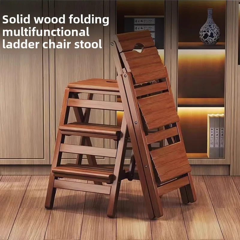 Installation-free solid wood ladder stool, dual-purpose ladder household multi-functional shelf folding three-step ladder flower