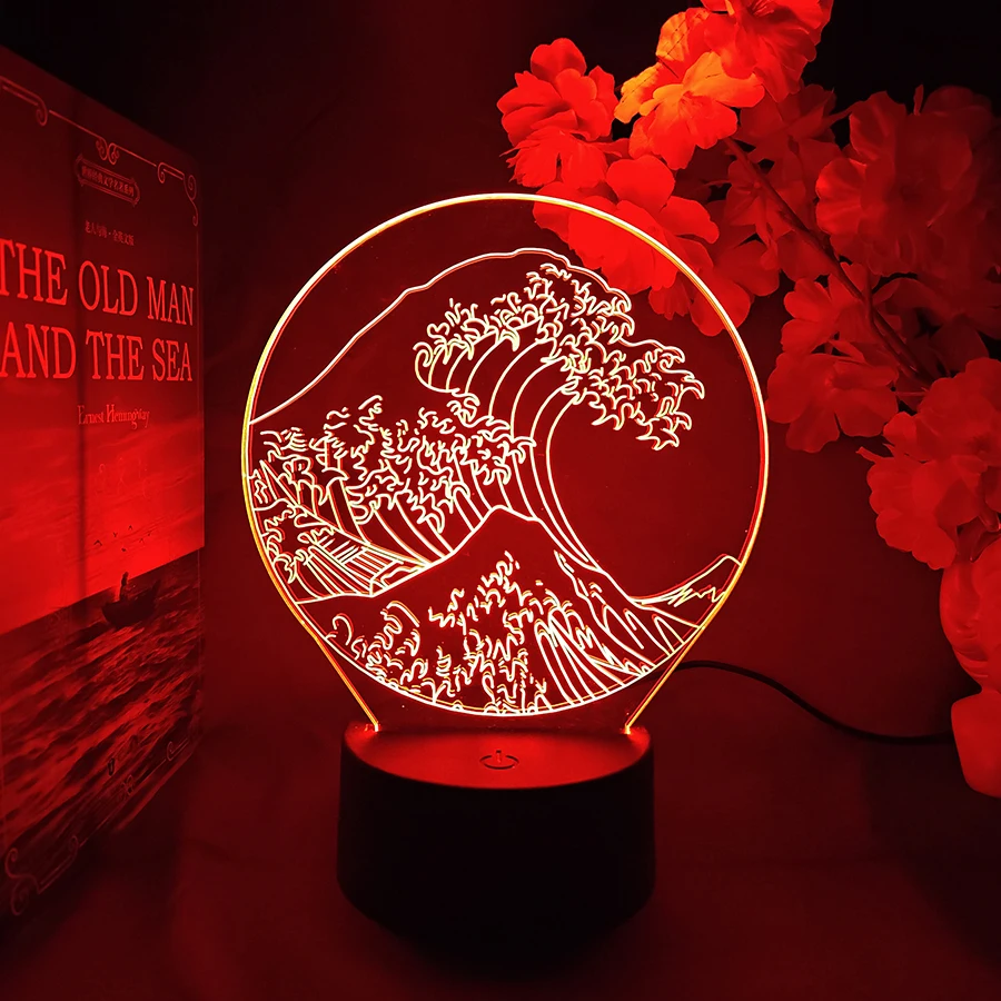 Great Wave Kanagawa 3D Illusion Nightlight Japanese Wave Art Themed LED Lamp 7 Color Changing Aesthetic Room Decor Xmas Gift