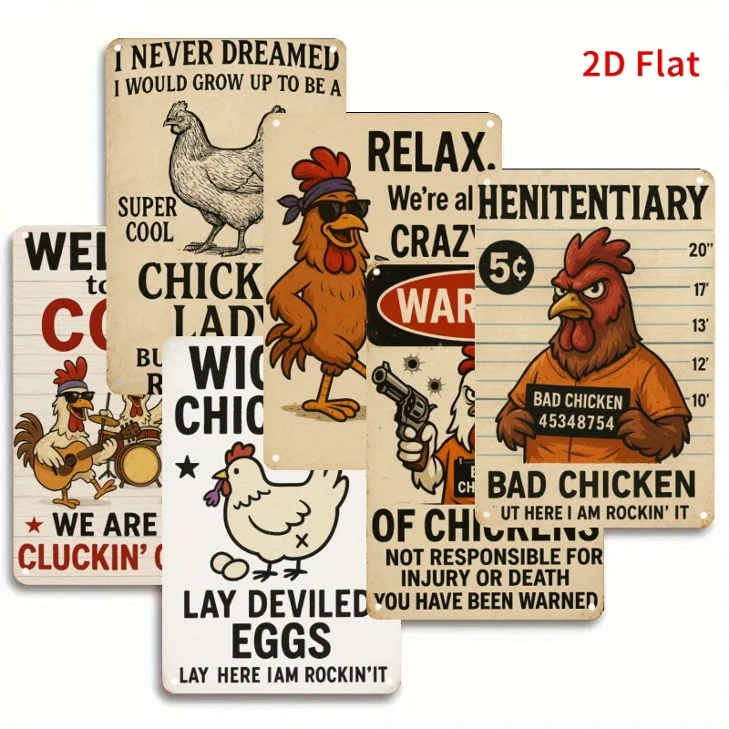 2D Flat, [JIT]Decorative Sign& Plaque 2D Flat, 6pcs, Vintage Metal Signs, Chicken Coop Humor Signs, Used for Farm Yard Decoratio