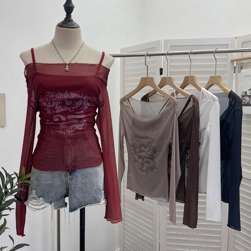 

High Quality Hot Selling Wholesale One Shoulder Mesh Sunscreen Cover Shirt Camisole Vest Long Sleeved T-shirt Top Two-piece Set