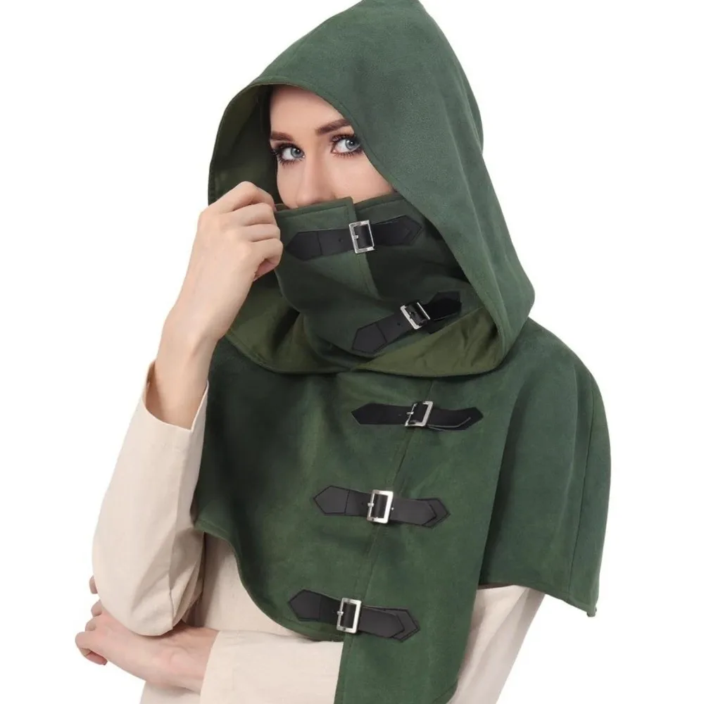 Solid Color Medieval Hooded Cloak Hat Ethnic Style Cowl Style Pirate Cosplay Cap Role-playing Fantasy Cosplay Cape Scarf