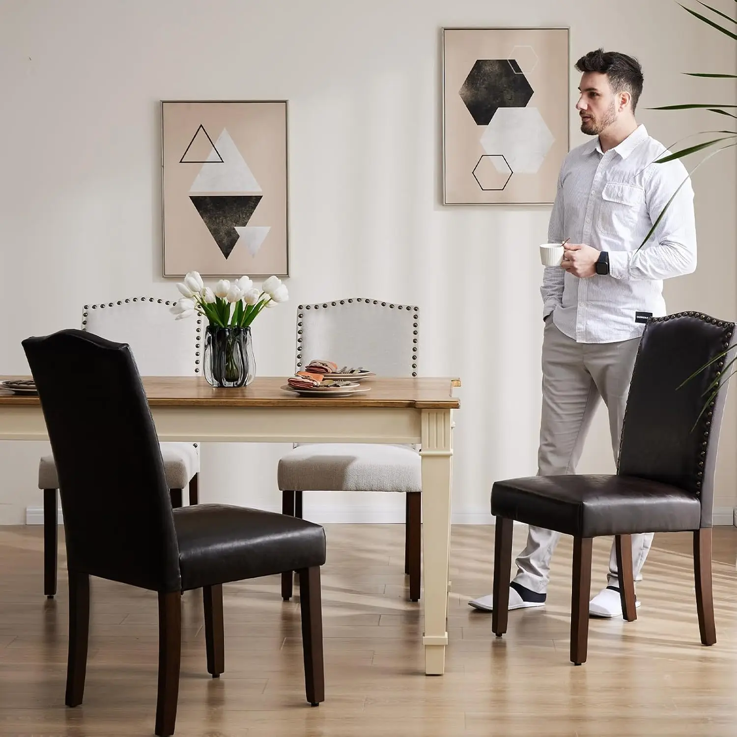 Eetkamerstoelen, Gestoffeerde Parsons Stoelen Met Nailhead-Bekleding En Houten Poten, Keuken