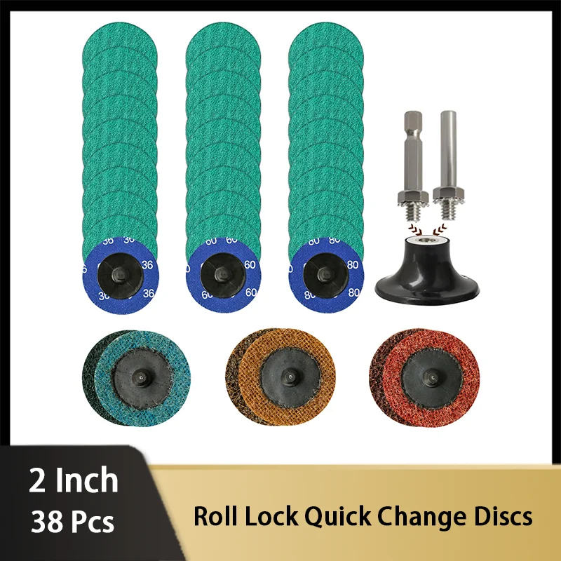 

2 Inch Zirconia Roll Lock Quick Change Discs Set 38 Pcs with 1/4" Holder for Die Grinder Surface Prep Strip Grind Polish Finish