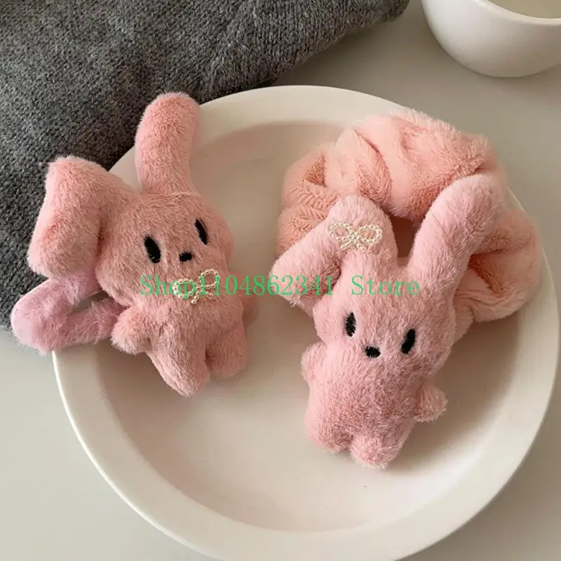 

652F Lovely Hair Claw Non Slip Hair Barrettes for Children Pink Rabbit Hair Pins and Elastic Hair Rope