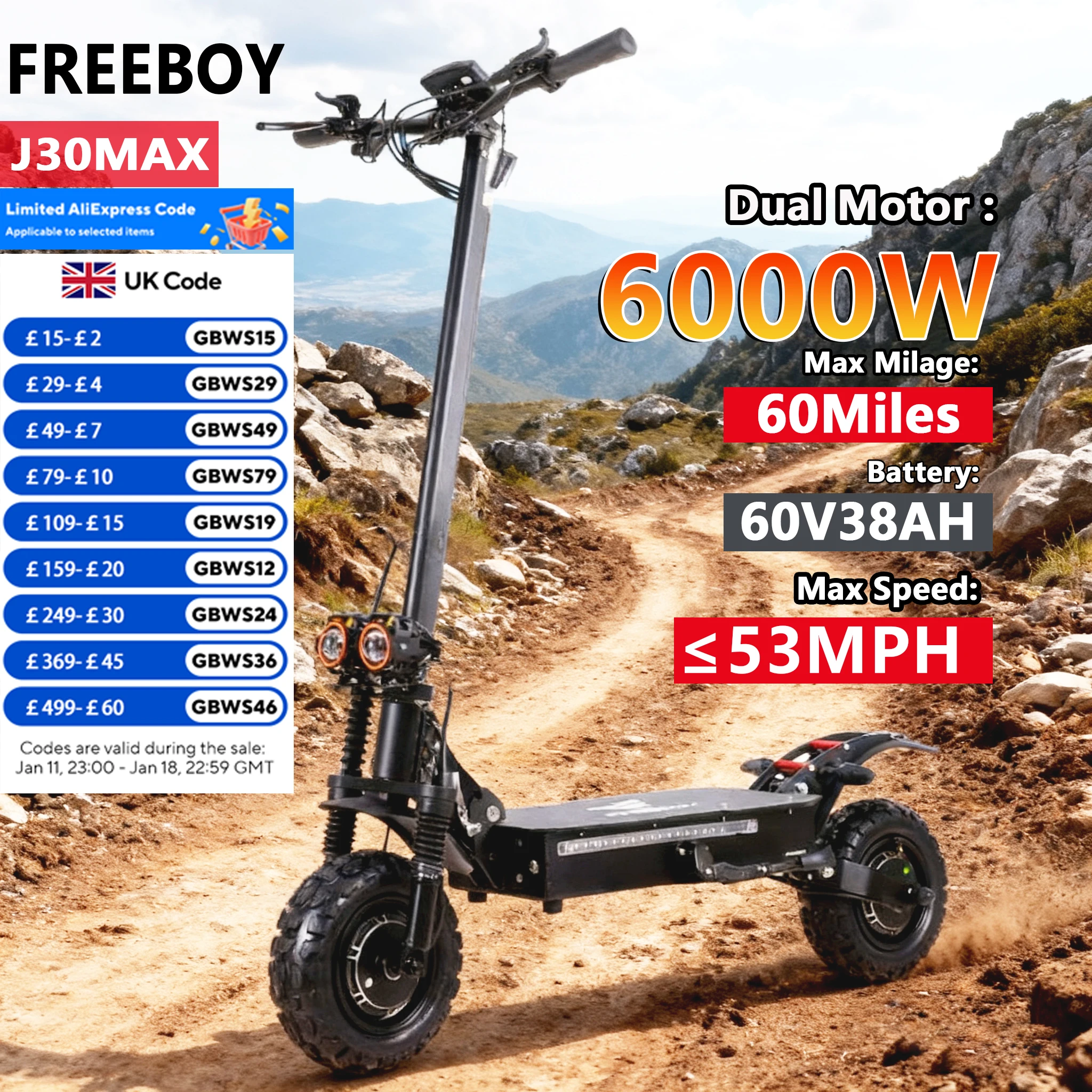 FREEBOY J30Max OFF-ROAD E-Scooter  3000W*2 Dual Motor, 60V38AH Battery, 11" Tires Electric Scooter Foldable E-Mountain Scooter