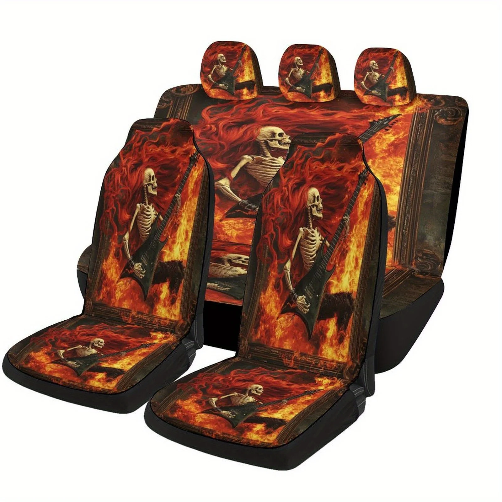 Set Of Car Seat Covers Featuring A Flaming Guitar Skeleton, Suitable For A Variety Of Vehicles. Stylish And Unique, This Complet