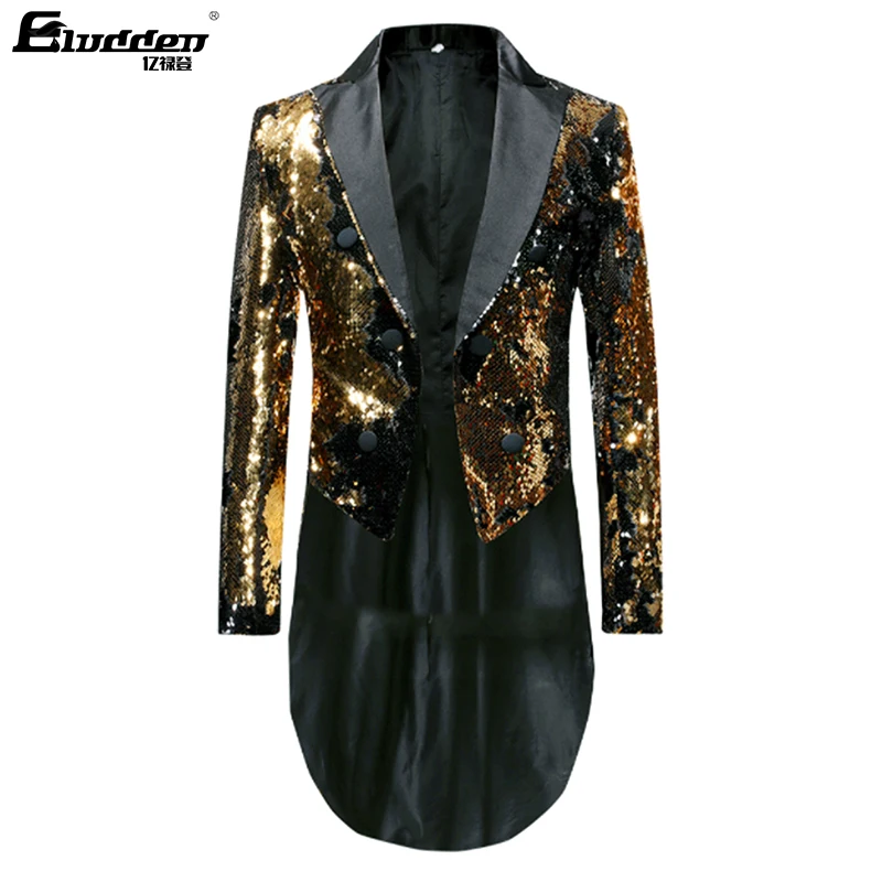 Men\'s Shiny double sided color Sequins Tuxedo Jacket Slim Fit Tailcoat Dress Coat Swallowtail Dinner Party Wedding Suit Jackets