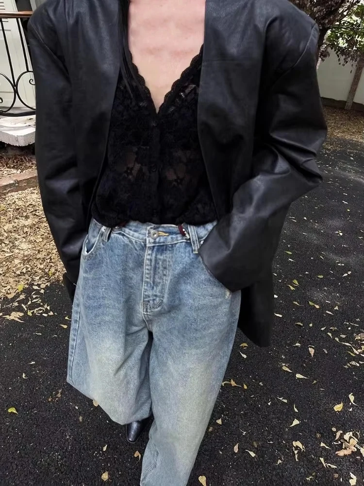 Blusas sexis transparentes de encaje Grunge Y2k, blusa estética de un solo pecho de gran tamaño para mujer, Tops Harajuku con bordado de flores Vintage