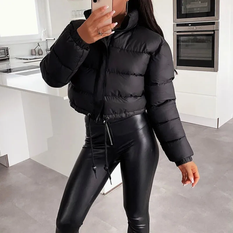 

Winter Thick Cotton-Padded Drawstring Parkas Women Short Puffer Bubble Zipper Warm Coat Ladies Casual Hot Street Outfits Jacket