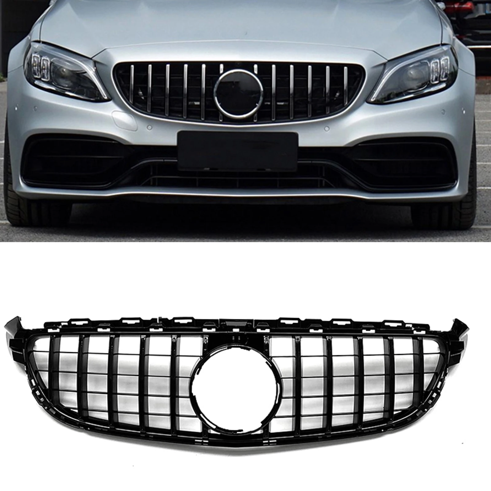 

Grill Front Grille For Mercedes Benz W205 C63 C63S AMG 2015 2016 2017 2018 GT Style Black/Silver Upper Bumper Hood Mesh Grid Kit