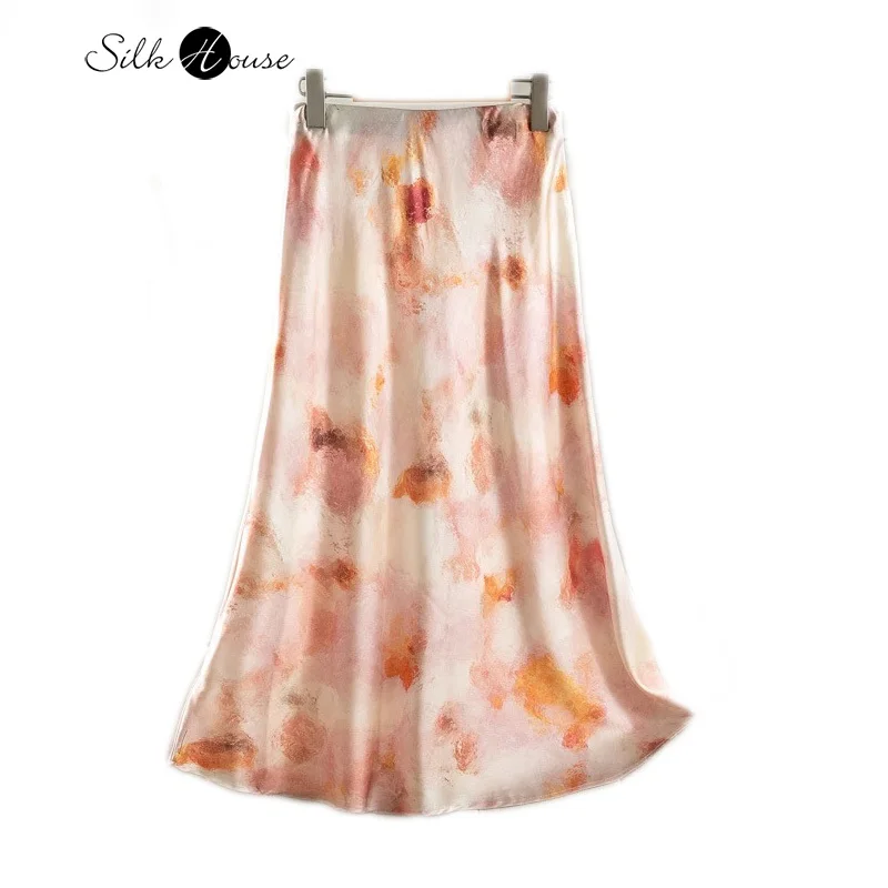 

Pink Temperament 93% Natural Mulberry Silk Elastic Satin Ink Print High Waist Hip Hugging Women's Casual Fishtail Skirt