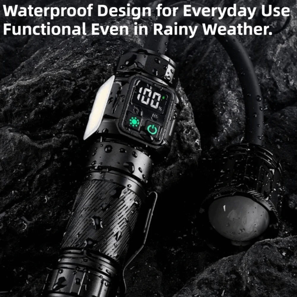 High Power Pocket Camping Light Super Bright Portable Zooming Strong Flashlight Digital Display Magnetic Tail LED Flashlight