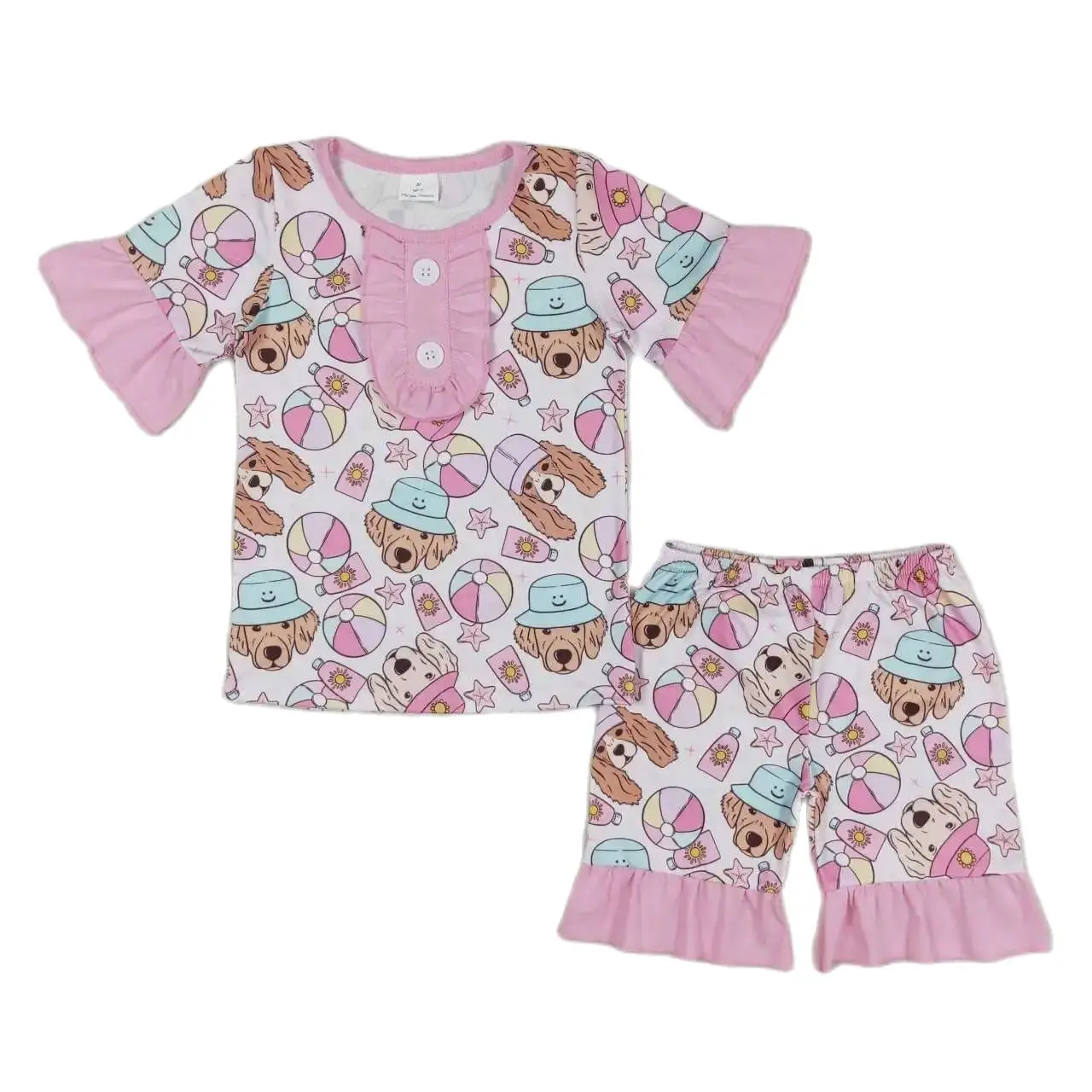 GSSO0950 Kids Girls Summer Outfit  Sets Short Sleeves Top Star Beach Ball Hat Puppy Print  With Shorts Children Clothes