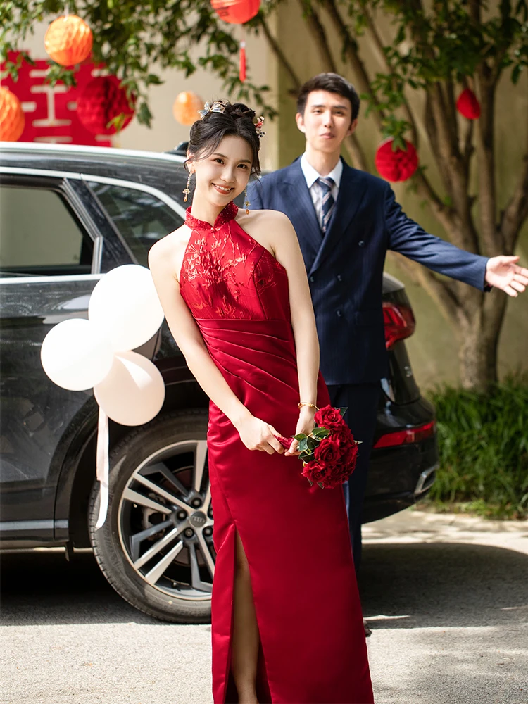 

Chinese Sle Red Wedding Women's Summer Ne Hanging Engagement Toasting Ceremony Dr Morning Robe Qianling