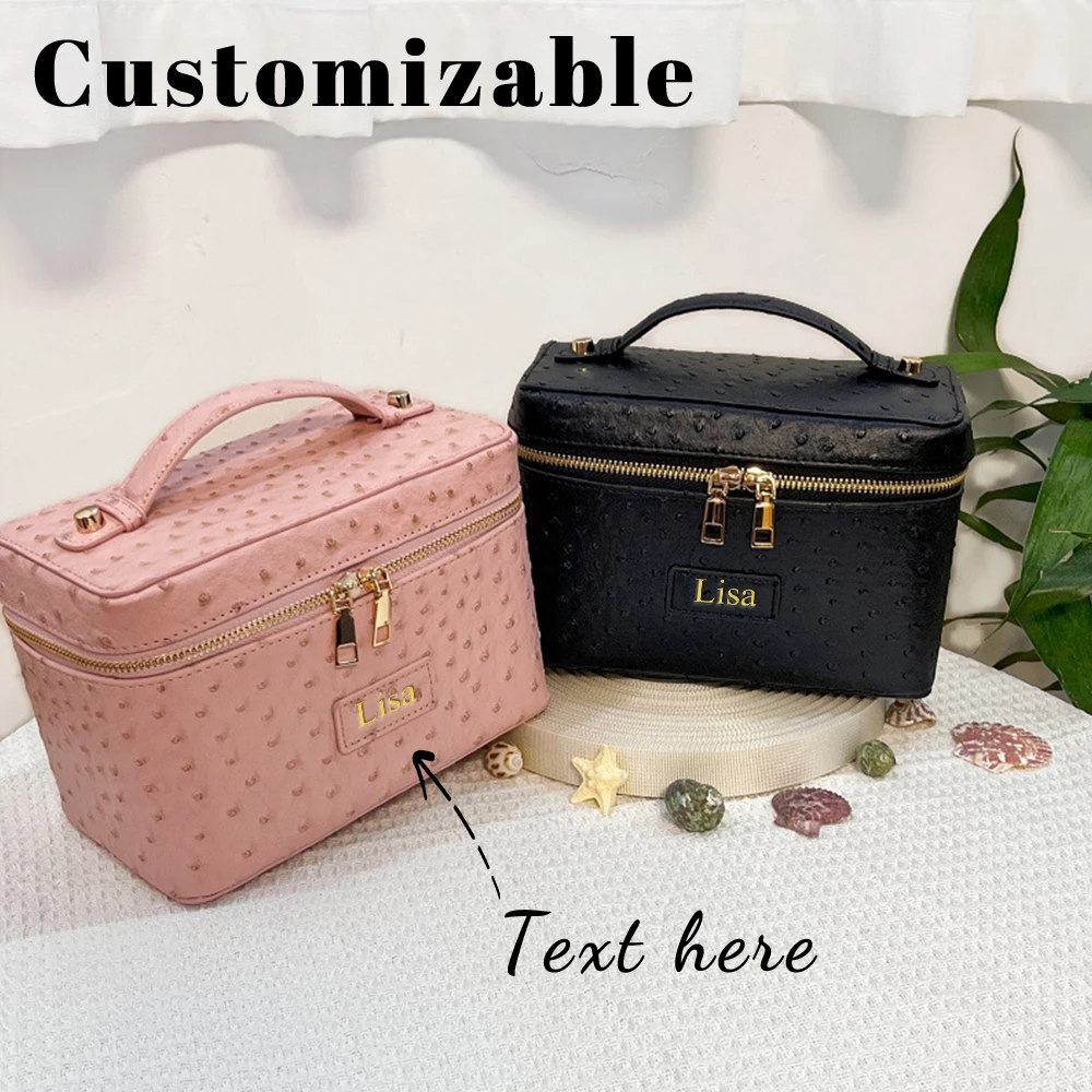 Customized Name Ostrich-Pattern Makeup Bag, High-End Hand-Held Leather Makeup Bag, Cosmetics Storage and Toiletry Small Bag