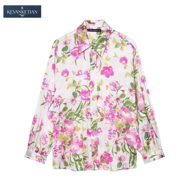 KEYANKETIAN 2026 Retro Vintage Floral Satin Shirt Oversized Cut Lapel Neck, Allover Print & Button Down Closure Blouse Satin Top