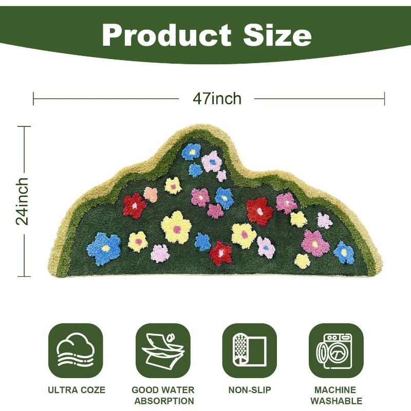 Cute Green Moss Bathroom Rug Mat - Long Rectangular Bohemian Leaf Pattern Fluffy Non-Slip Absorbent Shower Mat for Bathroom