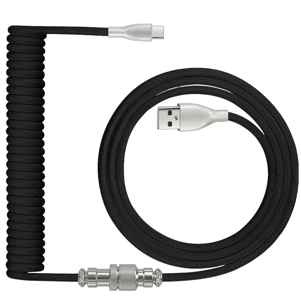 Coiled Keyboard Cable 1.8M USB-C to USB-A Braided Cord with Detachable Aviator Connector Durable Tangle-Free for Custom Gaming
