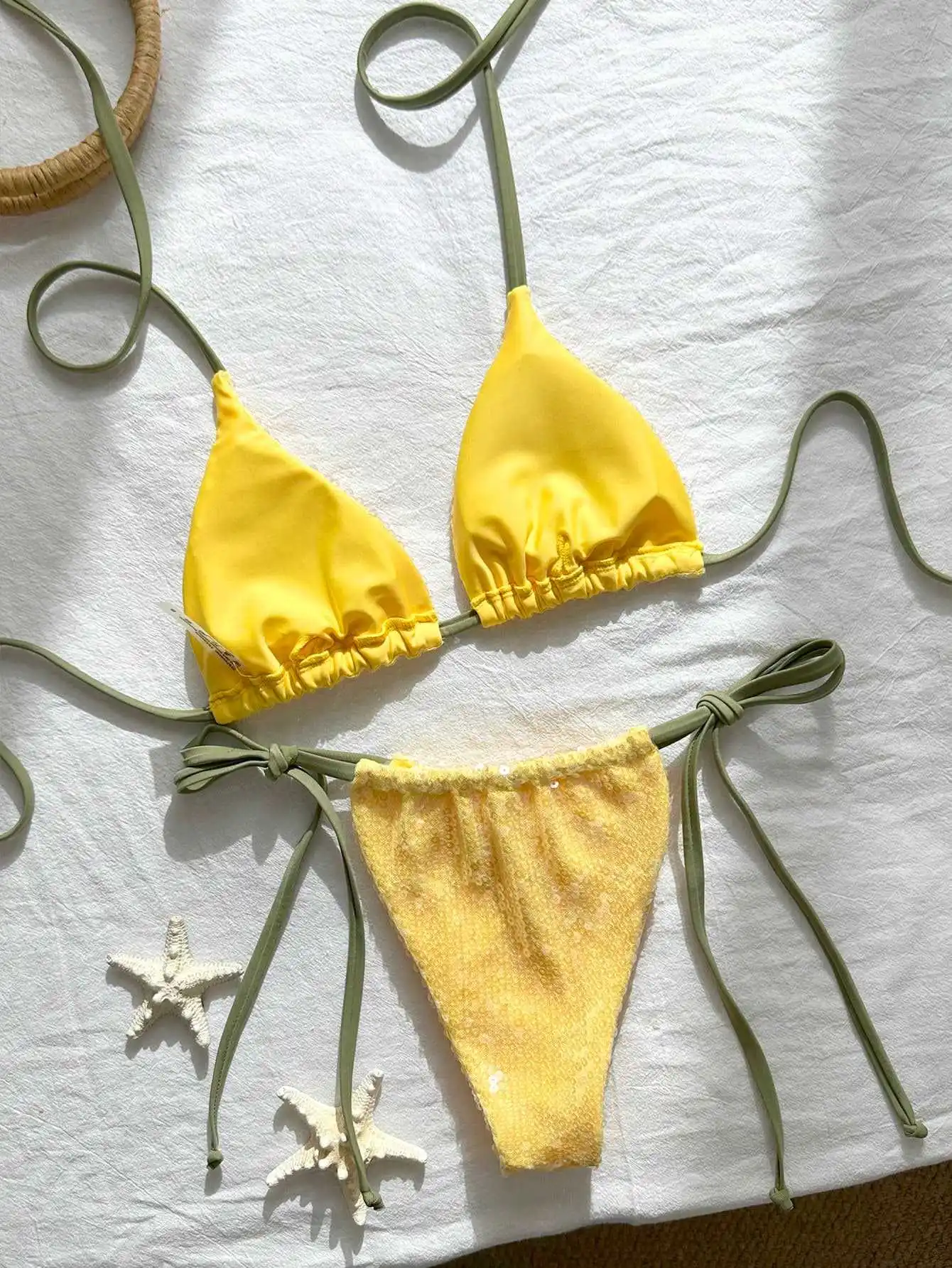 sexy yellow sequin glitter micro tie bikinis sets two pieces thong swimsuits bathing suit swimwear biquini tankini trikini