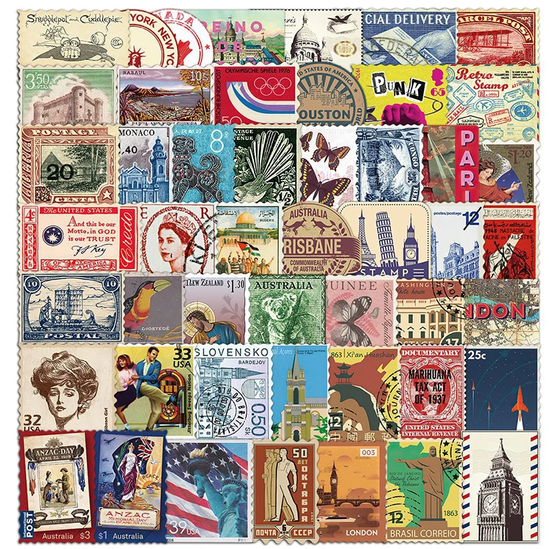 50PCS Retro Travel Stamp Stickers Aesthetic Decoration Notebook Envelope Guitar Water Cup Bicycle Graffiti Decals Kids Toys Gift
