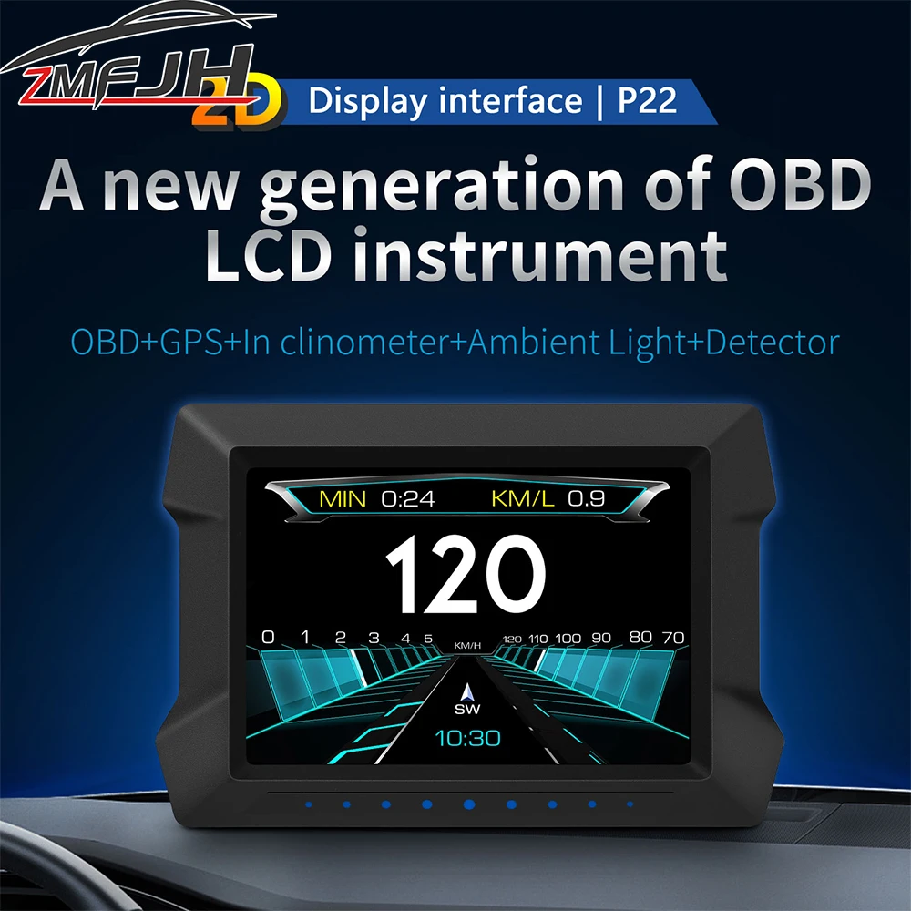 P22 Digital Off-road Head Up Display OBD GPS Dual System For HUD Speedometer Slope Meter Overspeed Voltage Water Temp RPM Meter