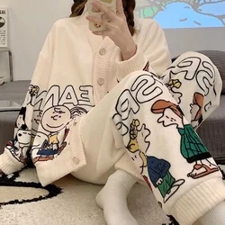 Kawaii Peanuts Snoopy Sanrio Kuromi My Melody Cinnamoroll Coral Fleece Pajamas Thick Women Home Clothing Flannel Loose Girl Gift