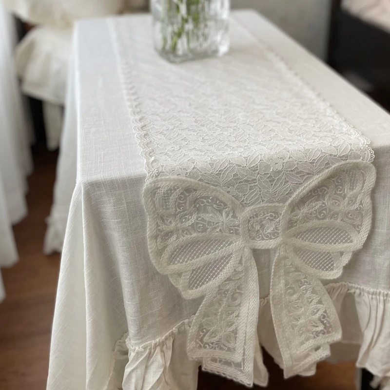 Pink Lace Tablerunner Bow Cabinet Decorative Tablecloth French Elegant White Embroidered Diningtable Coffeetable Table Runner