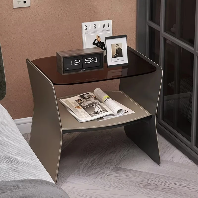 Bedside table Italian simple style saddle leather suspended cabinet tempered glass countertop luxury suspended design